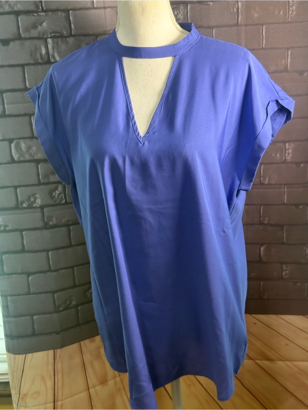 Express Royal Blue Keyhole Cap-Sleeve Blouse